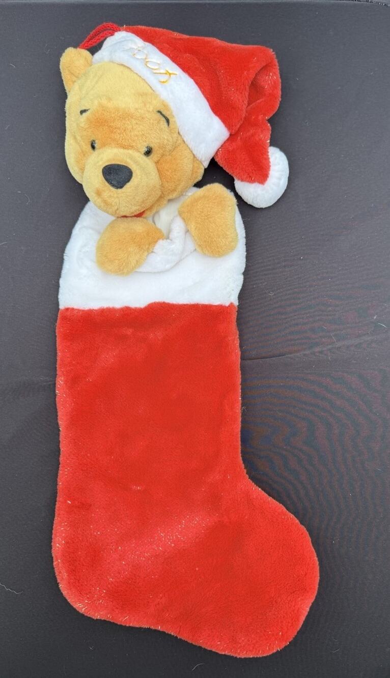 Vintage Disney Winnie The Pooh Plush Christmas Stocking Santa Hat 20” Gold EUC